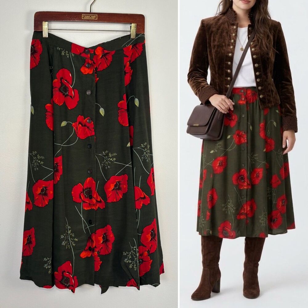 VTG 90s Jacque & KoKo Floral Midi Skirt Women 14/16 Green Red Poppy Button Front